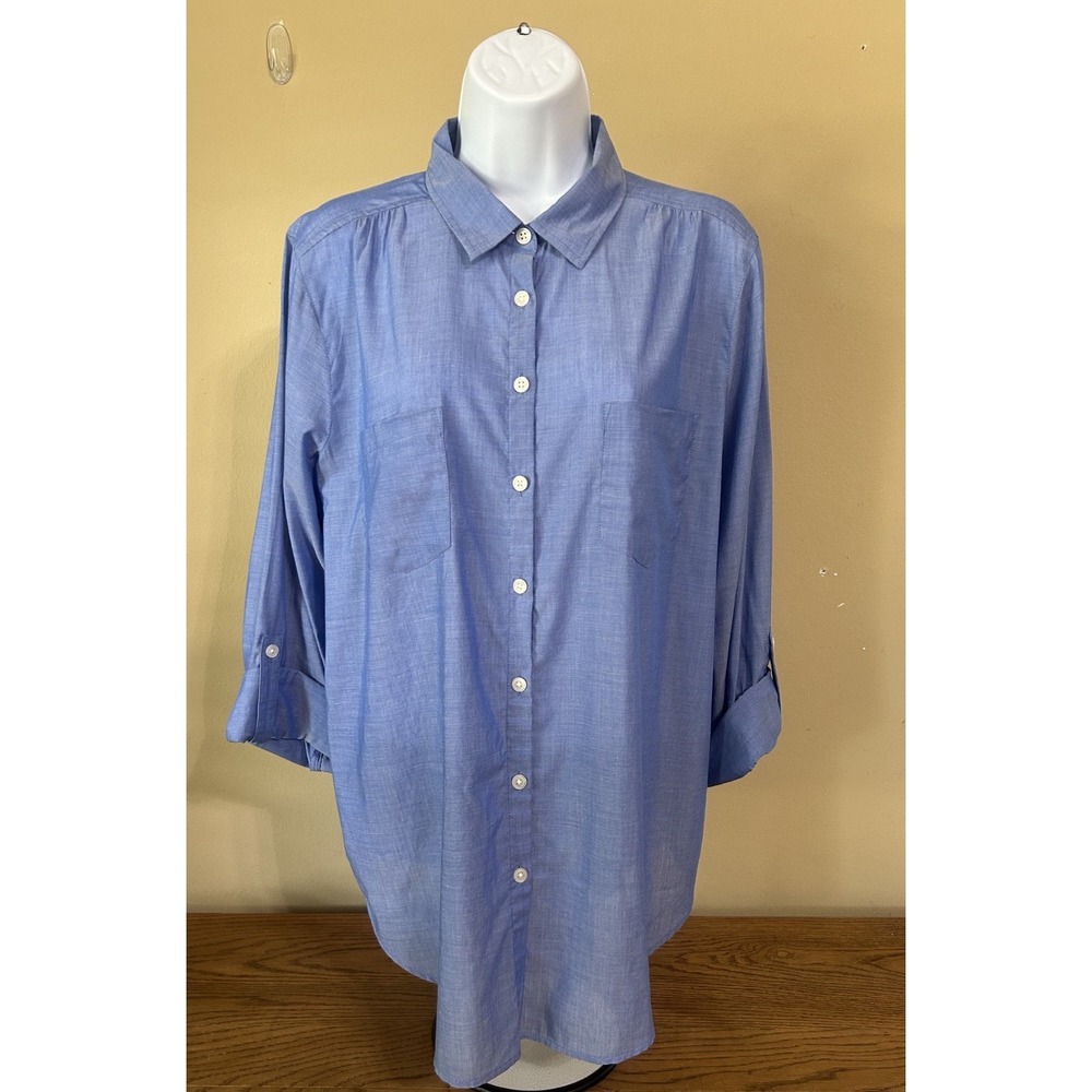 Women's Ann Taylor Factory Petite Blue Button-up Blouse Shirt LargeRoll-Tab